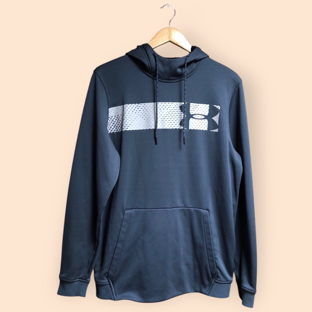 Under Armour Grey Blue Activewear Pullover Hoodie Sweatshirt Logo Graphic MENS M